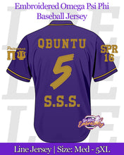 Load image into Gallery viewer, LRE-Embroidered-Omega-Psi-Phi-Baseball-Line-Jersey-Back-Purple