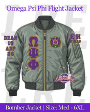Load image into Gallery viewer, LRE-Embroidered-Omega-Psi-Phi-Bomber-Flight-Line-Jacket-Mockup-Front-Green-Epsilon-Eta