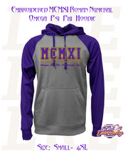 Load image into Gallery viewer, A purple and heather grey hoodie with 'MCMXI' embroidered on the front in Roman numerals, representing the Omega Psi Phi fraternity.