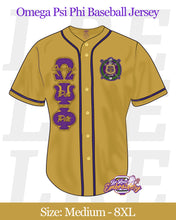 Load image into Gallery viewer, TTE-Omega-Psi-Phi-Baseball-Jersey-Front-Old-Gold