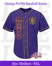 Load image into Gallery viewer, TTE-Omega-Psi-Phi-Baseball-Jersey-front-purple