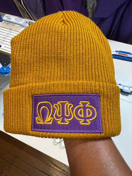 Embroidered Omega Psi Phi Beanie [Purple & Old Gold]