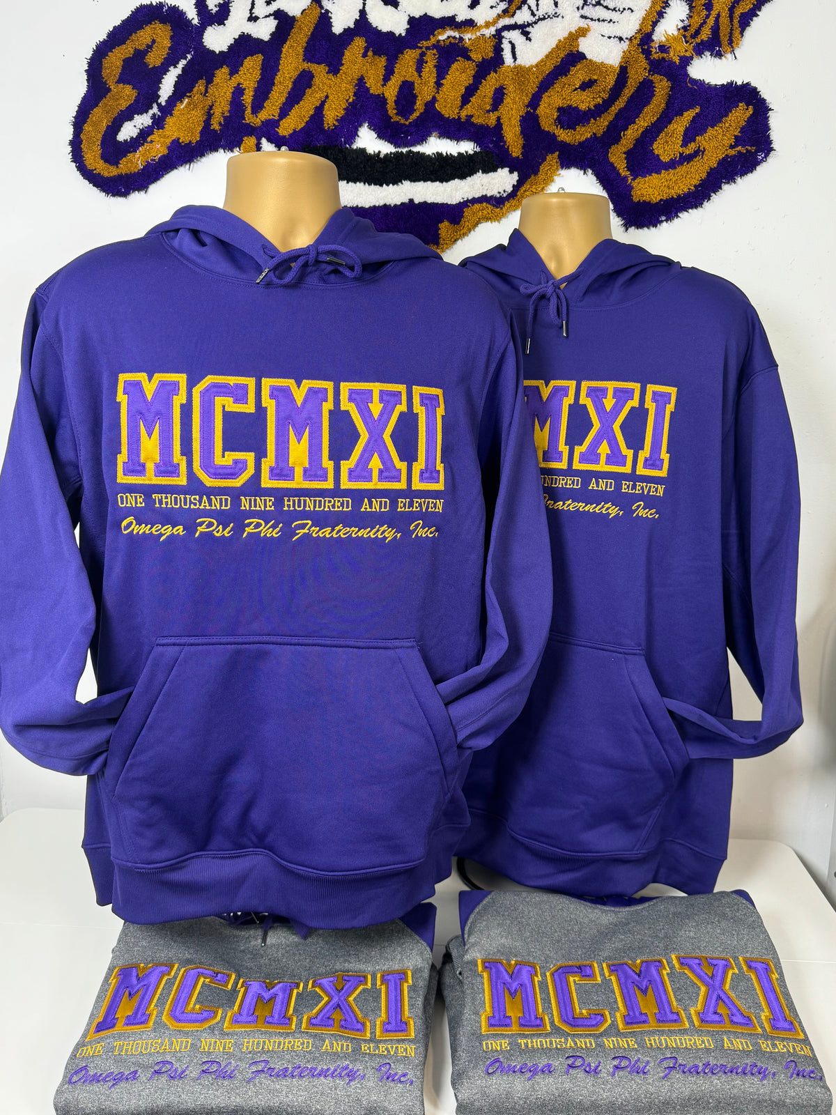 Embroidered Omega Psi Phi Roman Numeral 'MCMXI' Hoodie- One Thousand Nine Hundred and Eleven