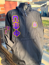 Load image into Gallery viewer, Black-Omega-Psi-Phi-Windbreaker-Line-Jacket-Front
