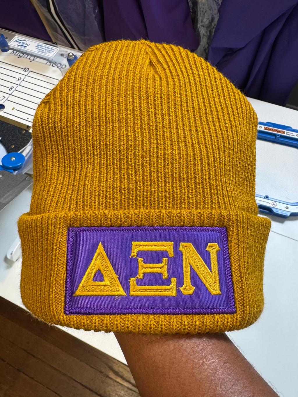 Embroidered-Omega-Psi-Phi-Themed-Chapter-Beanie-Old-Gold-Delta-Xi-Nu