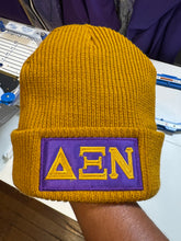 Load image into Gallery viewer, Embroidered-Omega-Psi-Phi-Themed-Chapter-Beanie-Old-Gold-Delta-Xi-Nu
