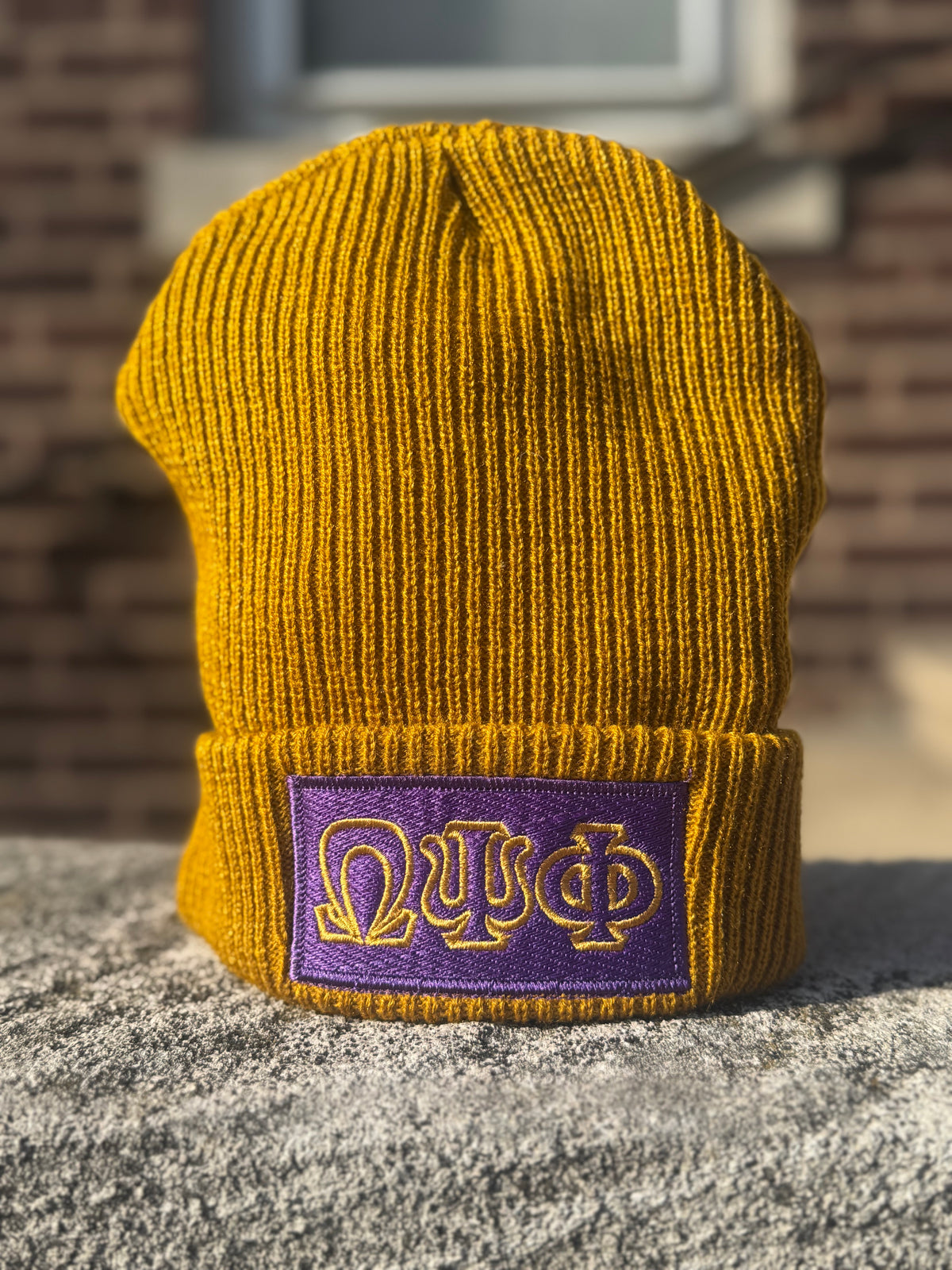 Embroidered Omega Psi Phi Beanie [Purple & Old Gold]