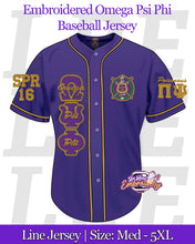 Load image into Gallery viewer, LRE-Embroidered-Omega-Psi-Phi-Baseball-Line-Jersey-Front-Purple
