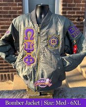 Load image into Gallery viewer, LRE-Embroidered-Omega-Psi-Phi-Bomber-Flight-Line-Jacket-Front-Green
