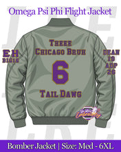 Load image into Gallery viewer, LRE-Embroidered-Omega-Psi-Phi-Bomber-Flight-Line-Jacket-Mockup-Back-Green-Epsilon-Eta
