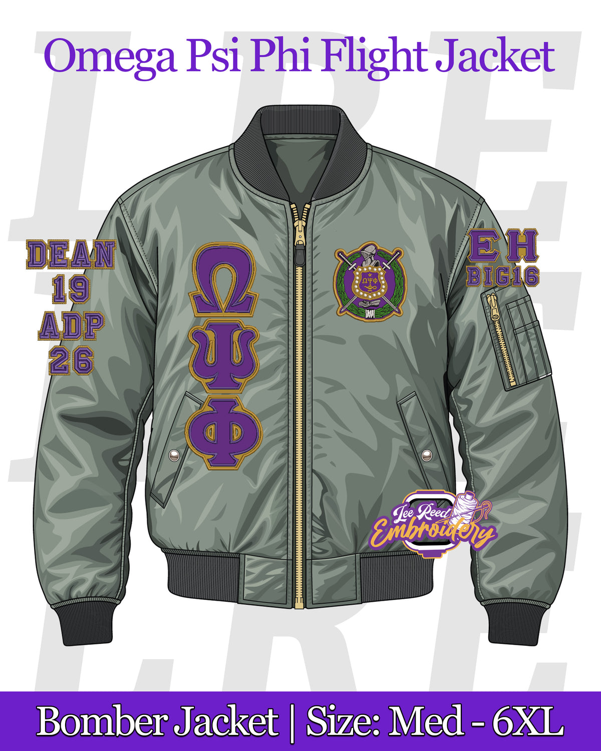 LRE-Embroidered-Omega-Psi-Phi-Bomber-Flight-Line-Jacket-Mockup-Front-Green-Epsilon-Eta