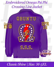 Load image into Gallery viewer, LRE-Embroidered-Omega-Psi-Phi-Crossing-Line-Jacket-Mockup-Classic-Shine-Back
