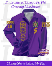 Load image into Gallery viewer, LRE-Embroidered-Omega-Psi-Phi-Crossing-Line-Jacket-Mockup-Classic-Shine-Front
