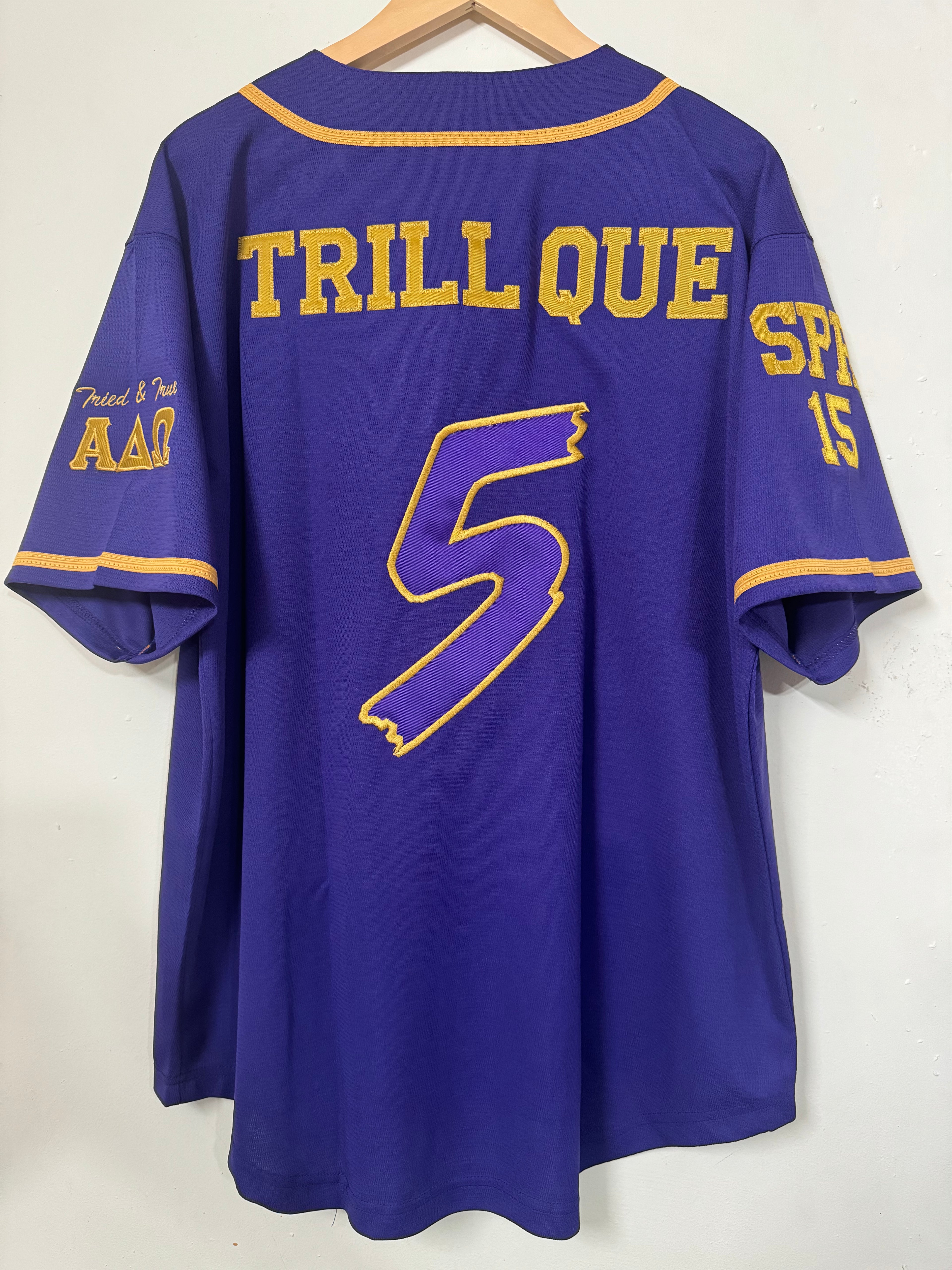 Embroidered Omega Psi Phi Baseball Line Jersey [Purple & Old Gold]