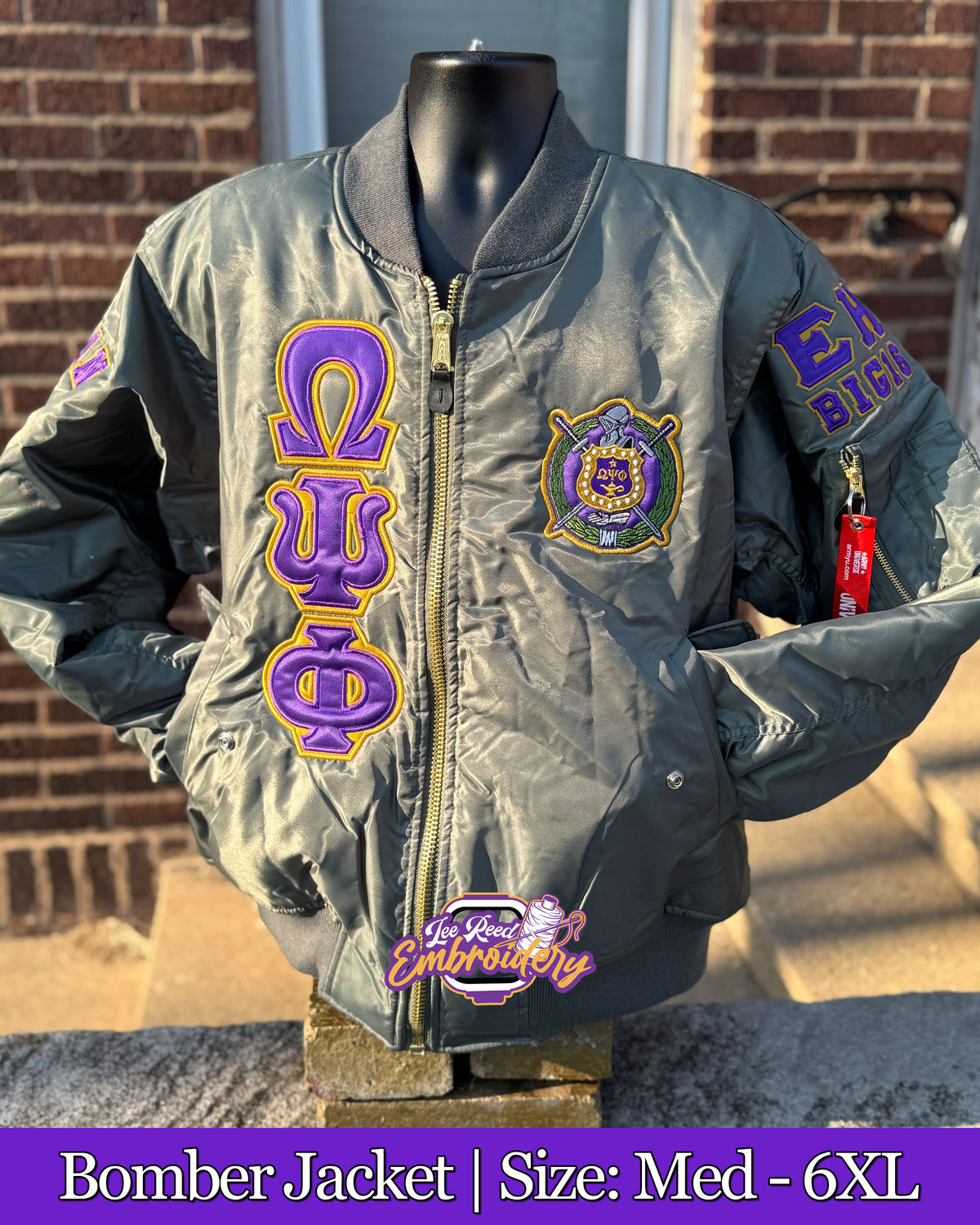 LRE-Embroidered-Omega-Psi-Phi-Bomber-Flight-Line-Jacket-Front-Green