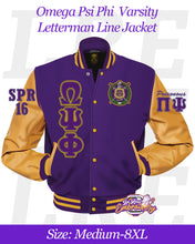Load image into Gallery viewer, LRE-Omega-Psi-Phi-Varsity-Letterman-Line-Jacket-Front-8XL
