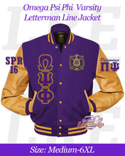 Load image into Gallery viewer, LRE-Omega-Psi-Phi-Varsity-Letterman-Line-Jacket-Front
