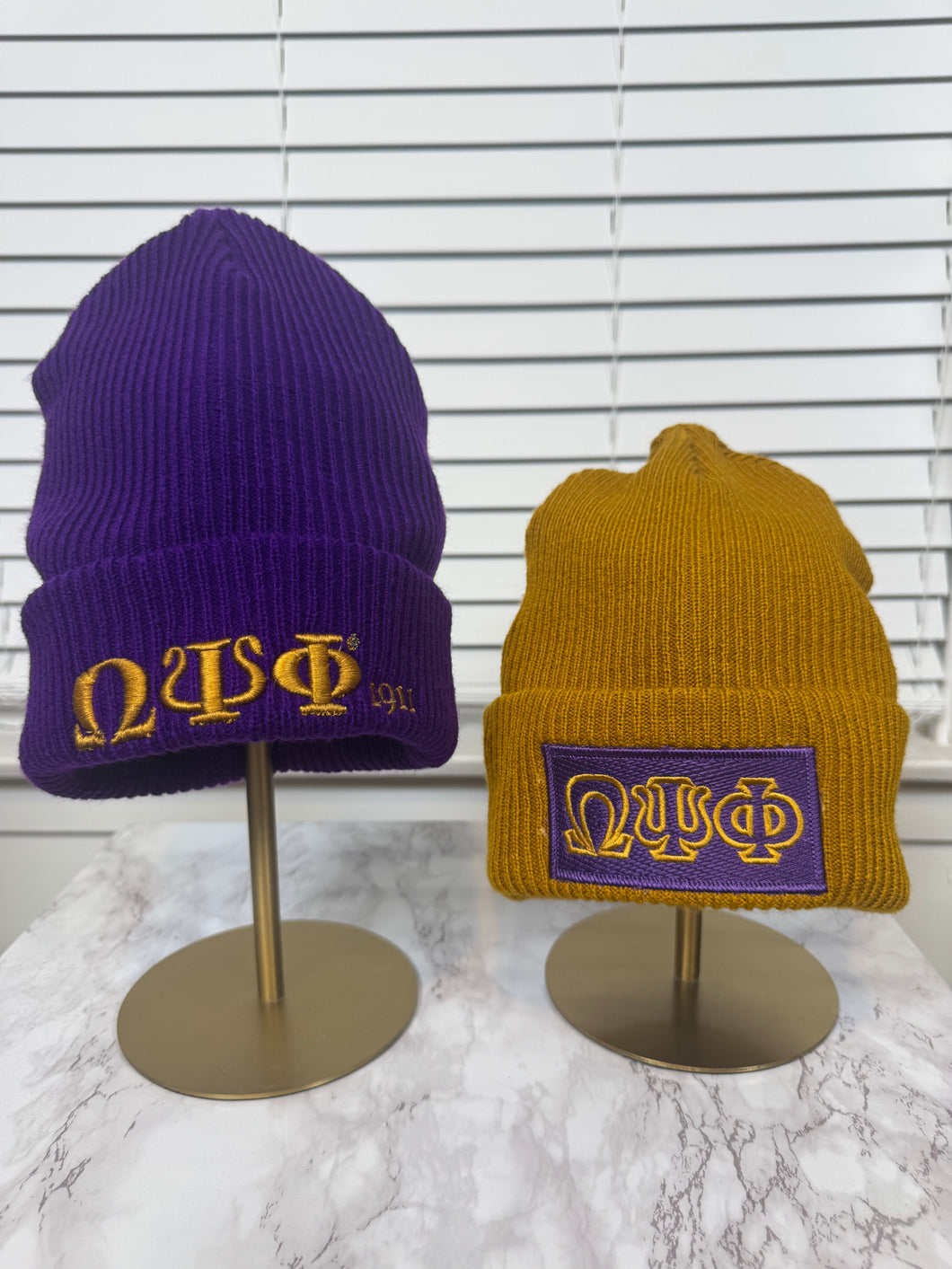 Embroidered Omega Psi Phi Beanie [Purple & Old Gold]