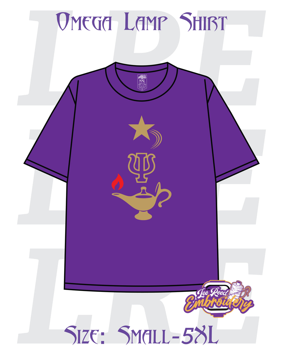 A purple Omega Lamp T-shirt featuring a graphic design with a star, a psi symbol, and a lamp.
