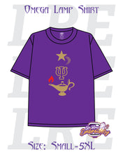 Load image into Gallery viewer, A purple Omega Lamp T-shirt featuring a graphic design with a star, a psi symbol, and a lamp.