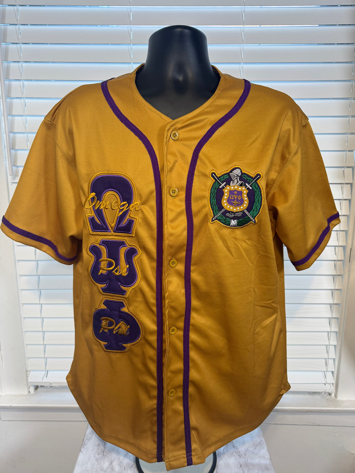 Embroidered Omega Psi Phi Baseball Jersey [Purple & Old Gold]