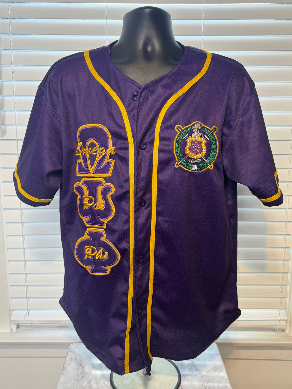 Embroidered Omega Psi Phi Baseball Jersey [Purple & Old Gold]