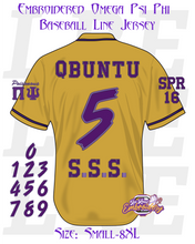 Load image into Gallery viewer, Embroidered Omega Psi Phi Baseball Line Jersey [Gold]
