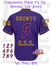 Load image into Gallery viewer, Embroidered Omega Psi Phi Baseball Line Jersey [Purple]
