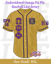 Load image into Gallery viewer, TTE-Omega-Psi-Phi-Baseball-Line-Jersey-front-gold
