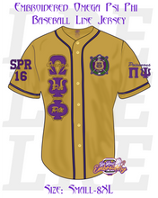 Load image into Gallery viewer, Embroidered Omega Psi Phi Baseball Line Jersey [Gold]
