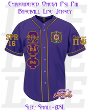 Load image into Gallery viewer, Embroidered Omega Psi Phi Baseball Line Jersey [Purple]
